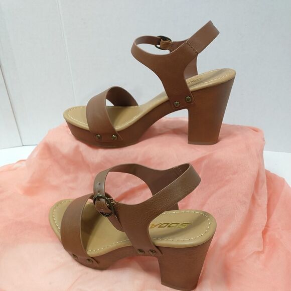 New Soda Womens 7.5 Open Toe  Block Heel Platform Sandal Ankle Strap Brown - Picture 3 of 12